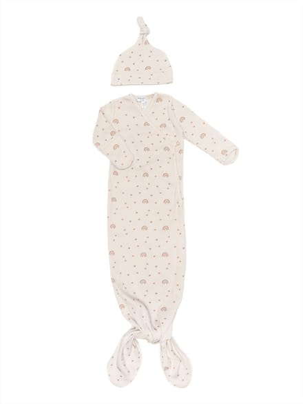 Snoozebaby Slaappakje met muts - Knoopslaapzak 0-3 mnd met labeltjes - Milky Rust Rainbow