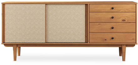 Sideboard SIMONA 175 cm van massief hout met rotanvlechtwerk – eikenhouten afwerking