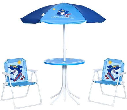 Sweiko Kinderzitjeset - Tuintafel + 2 klapstoelen - Met parasol - Blauw