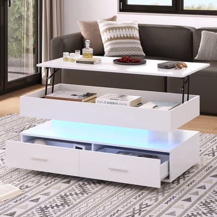 Wishdor Hydraulisch verstelbare salontafel 100×50×44 cm – wit, LED met Bluetooth-app, muzieksync, 2 lades & open vak