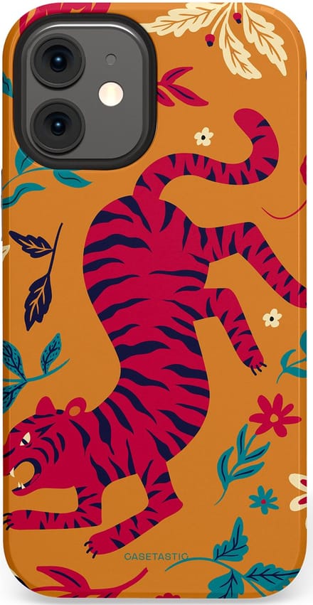 Casetastic hoesje geschikt voor Apple iPhone 12 Mini - Dubbellaagse bescherming - Zonnetijger - Fashion Case - Okergeel Terracotta Bordeaux Donkerblauw