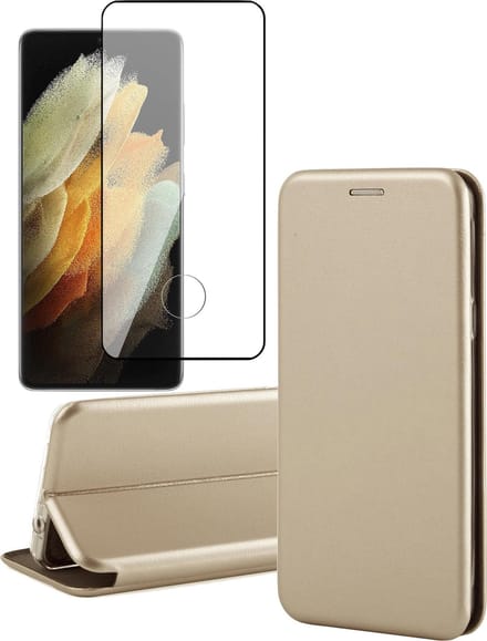 Hoesje geschikt voor Samsung Galaxy S21 Ultra - Screen Protector FullGuard - Book Case Kunstleer ThinShield Goud & Screenprotector