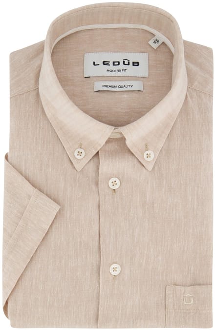 Ledub Modern Fit overhemden beige gemêleerd korte mouw