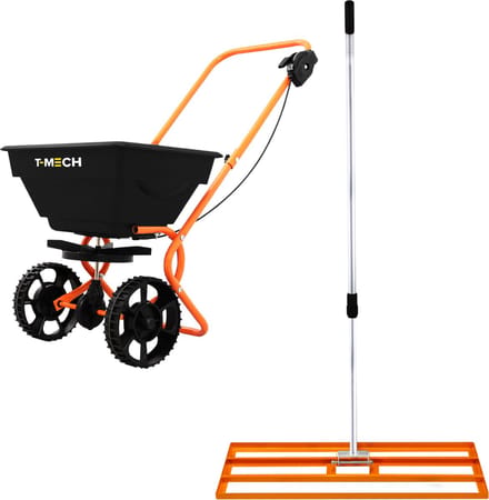 Roterende strooiwagen & gazonhark - oranje - 100 cm - 25 kg capaciteit
