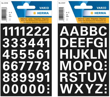 Herma stickervellen letters en cijfers - 2x vellen - wit - 15 mm - watervast