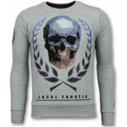 Doodskop Trui - Skull Rhinestone Heren Sweater - Grijs