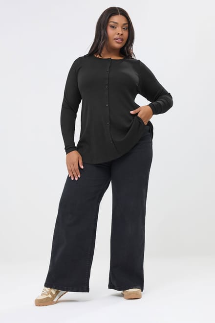Yours Zwarte Geribbelde Knoopsluiting Henley Top Size 42