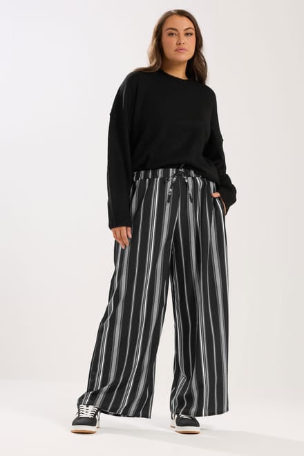 Yours Zwarte En Witte Gestreepte Broek Met Wijde Pijpen Size 48