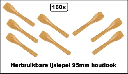 160x Herbruikbare ijslepel 95mm houtlook - afwasbaar - IJs sorbet