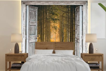 Behang - Fotobehang Bos - Herfst - Doorkijk - Breedte 300 cm x hoogte 300 cm