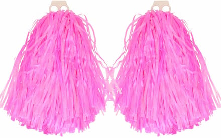 Cheerballs/pompoms - 2x - roze - met franjes en ring handgreep - 28 cm
