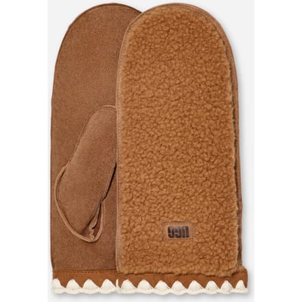 UGG® UGG fluff Scalloped Mitten for Women in Brown, Size S/M, Leather/Fleece/Polyester