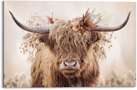 Schilderij Highlander in bloemen - 60 x 90 - Hout - REINDERS