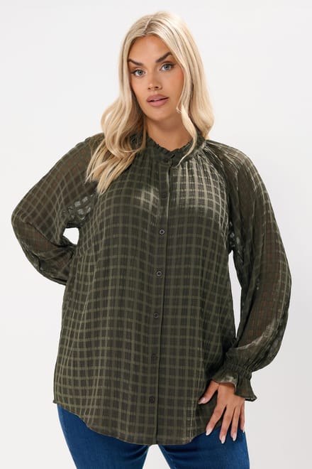 Yours Khakigroene Blouse Met Textuur En Ruches Aan De Hals Size 48