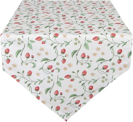 Clayre & Eef Tafelloper 50x160 cm Wit Rood Katoen Aardbeien Tafelkleed