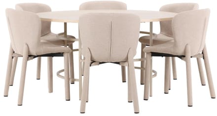 Copenhagen eethoek tafel Ø140cm en 6 stoelen whitewash, beige.