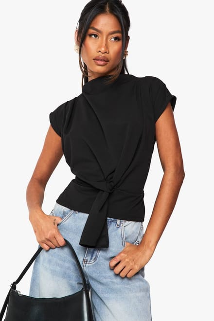 boohoo Dames Crepe Knoop Cowl Halsblouse | Zwart | Maat: 40