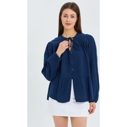Lange Mouwen Ontspannen Pasvorm Blouse met Strikhals