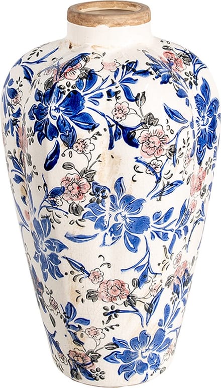 Clayre & Eef Vaas Ø 21x35 cm Beige Blauw Keramiek Bloemen