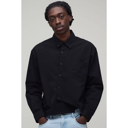 Oversized Boxy Asymmetrisch Knoopslijst Poplin Overhemd | Black | Size Medium