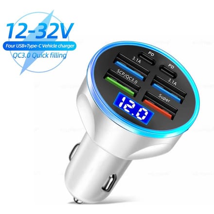 6 poorten USB-autolader 4 USB + 2 PD snel opladen PD QC3.0 USB C autotelefoonoplader Type C-adapter voor iPhone Samsung Huawei met spanningsweergave wit