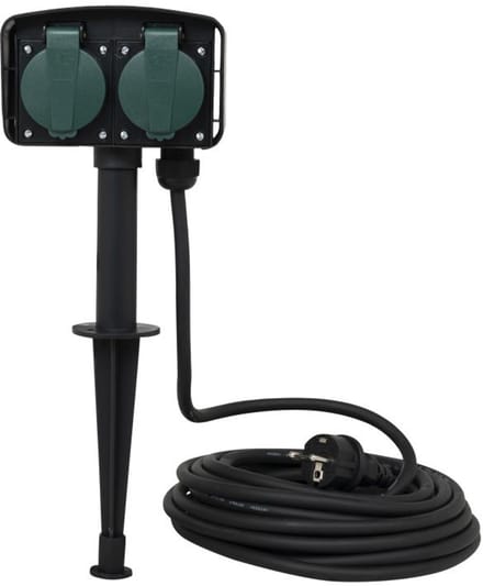 VB Extend Dubbele Tuincontactdoos op Spies - 10 meter Geaard Snoer - Zwart / Groen