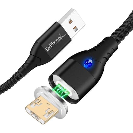 DrPhone FLM Magnetische Micro USB Oplaad Kabel 3A + Data - Sterke Magneet - LED indicator - Nylon Gevlochten Kabel - 2M - Zwart