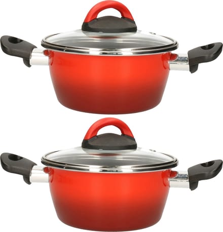 Set van 2x stuks rvs rode kookpan/pannen Cuenca met glazen deksel 16 cm 1 liter