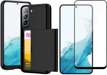 Hoesje met Pasjeshouder geschikt voor Samsung Galaxy S22 Plus - Screen Protector FullGuard - Back Cover SlideCase Zwart & Screenprotector