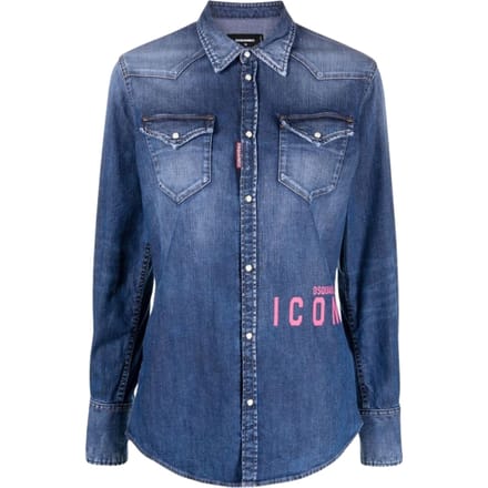 Dsquared2 Icon Print Western Denim Blauw Shirt