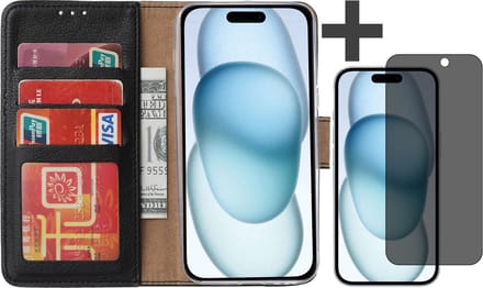 Hoesje met Privacy Screenprotector Geschikt voor iPhone 15 Plus – Arara bookcase met pasjeshouder - Zwart