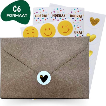 Enveloppen C6 - Kraft - 12 Stuks - 45 Sluitstickers - Smiley - Hartjes - Hoera