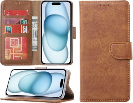 Hoesje geschikt voor iPhone 15 Plus - Bookcase - Pasjeshouder - Kunstleer - Bruin