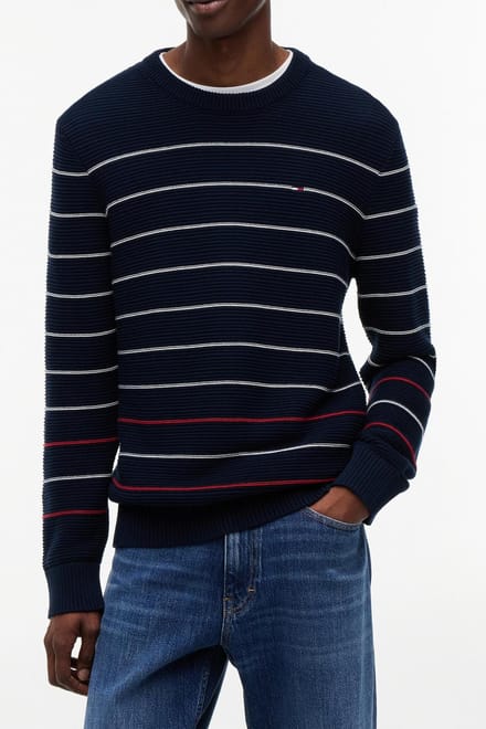 Tommy Hilfiger Slim Stripe Sweater Dark Night Navy Stripe Größe: L | Pullover Outlet | Herren | Schwarz