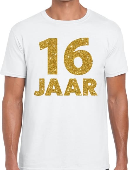 16 jaar goud glitter verjaardag t-shirt wit heren - verjaardag shirts M