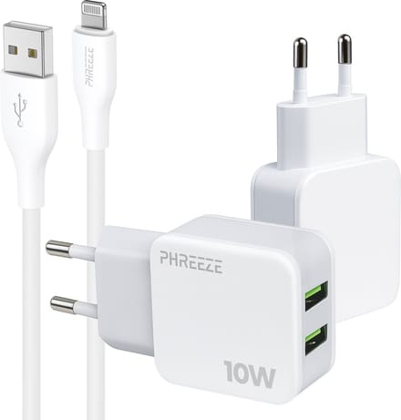 Phreeze usb oplader geschikt voor iPhone 14 13 12 11 X XR XS Max Pro Mini Plus en iPad met Lightning kabel - 10 W dubbele usb adapter - 1 meter
