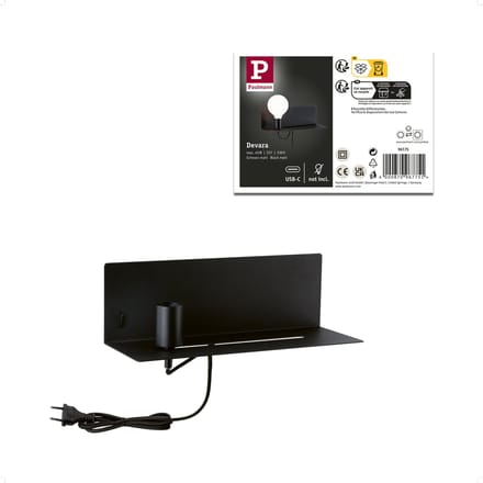 Wandlamp Devara USB C E27 1800K 110lm 230V 3,5W Zwart mat