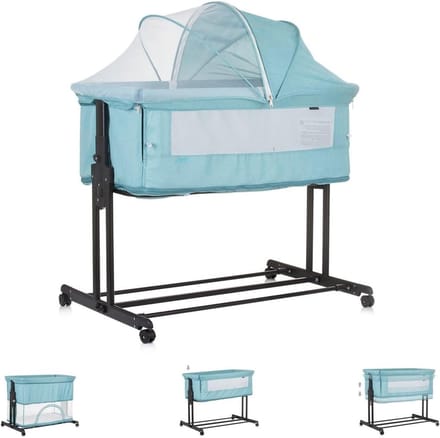 Chipolino Co-sleeper 2-in-1 Zen Playpen muggennet, matras, remwielen, turquoise
