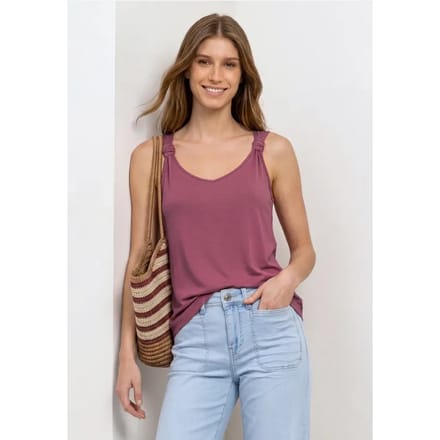 Top met V-hals en knoopdetail