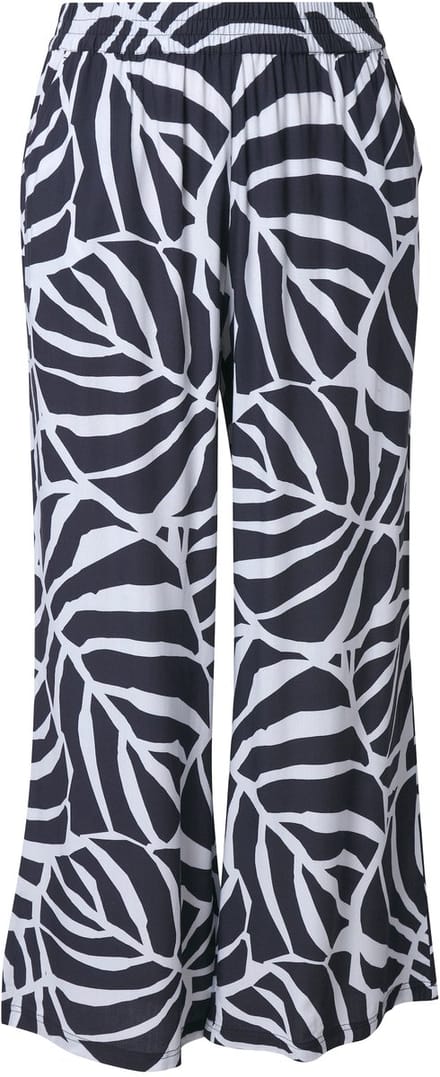 Ulla Popken - Dames - Broek bladeren wijde rechte pijpen elastische tailleband - Marine - Maat 46+