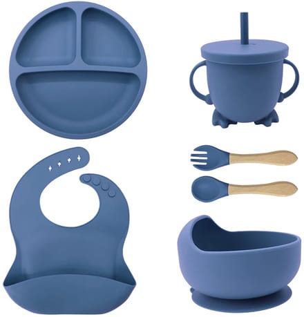 Baby Silicone Feeding Set- 6 pcs - blue/blauw- Kinderservies - Baby servies - Baby eetset