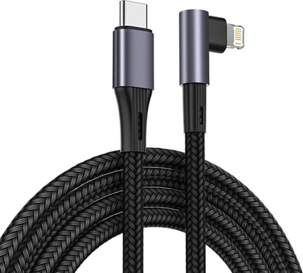 DrPhone UNL4 USB-C naar Lightning 9V/3A Snelle Oplaadkabel – PD 20W – Nylon gevlochten – 90 Graden - Data Sync - 2 Meter – Grijs