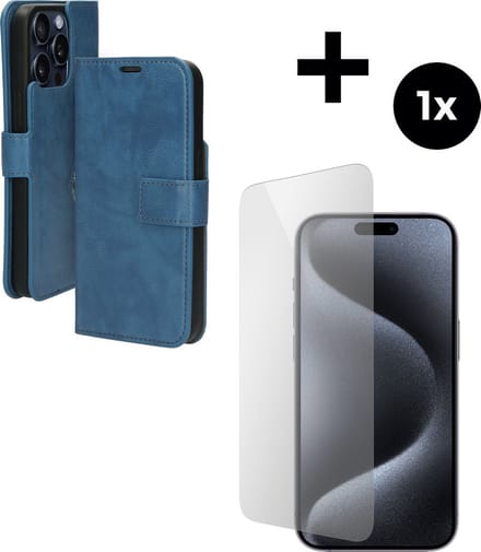 Mobiparts Classic Wallet hoesje geschikt voor Apple iPhone 15 Pro Max met 1 Screenprotector van Gehard Glas - Blauw