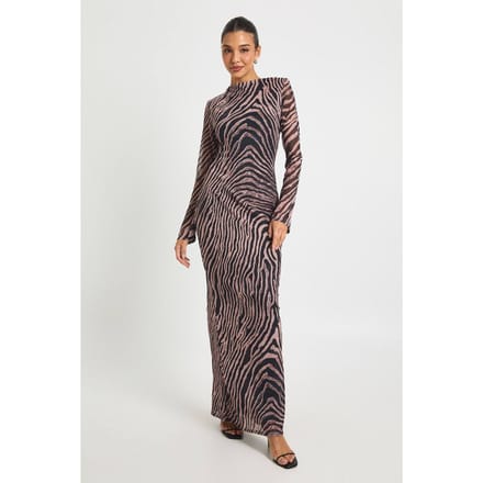 boohoo Dames Zebra bedrukte mesh schouderpad maxi jurk | Black | Maat: 8