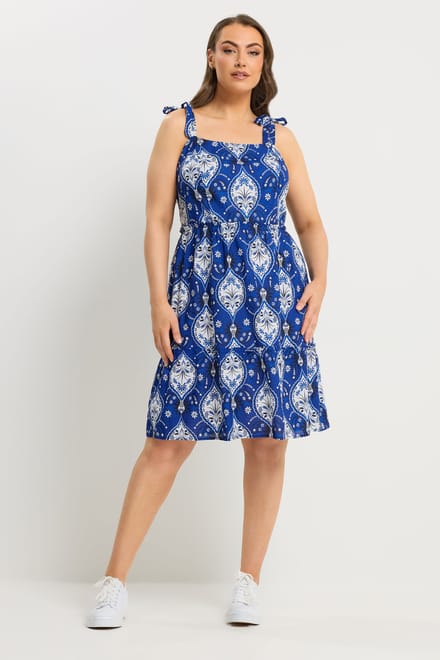 Yours Kobaltblauwe Gesmokte Linnen Jurk Met Bandanaprint Size 42
