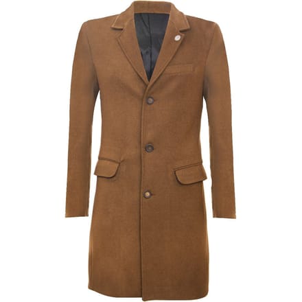 Lange bruine wollen slim-fit overjas voor heren