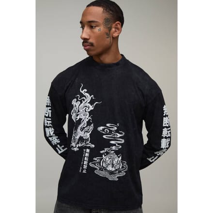Oversized Tijgerprint Gewassen Shirt Met Lange Mouwen | Washed Black | Size XL