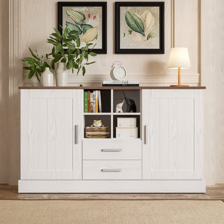 Gutent Kast, Dressoir, Wit en Bruin, Houtnerfstructuur, 2 Deuren, 2 Laden