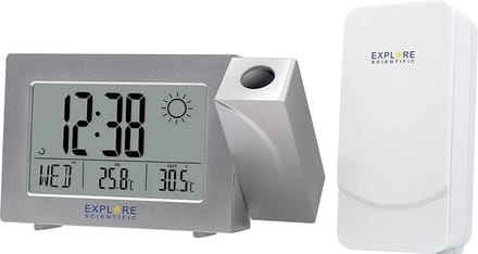 Explore Scientific RDW3008 | Radio gestuurde digitale projectiewekker | Groot Display | Weersvoorspelling | Dag aanduiding | Binnen – en buitenthermometer | Zilver