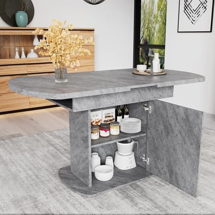 Table de salle à manger extensible - MUVOE - Ovale - 6 places - Aspect béton - Poignées argentées